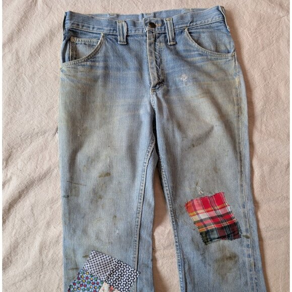 Vintage Lee Denim Flares 60s Patches Faded Worn Women's 30x30 Americana - Picture 2 of 9